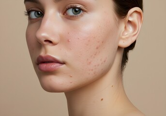 A young woman with a concerned expression examining the effects of acne on her face. Concept of skin problems, dermatology, and beauty care.