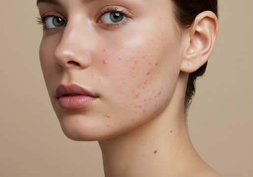 A young woman with a concerned expression examining the effects of acne on her face. Concept of skin problems, dermatology, and beauty care.