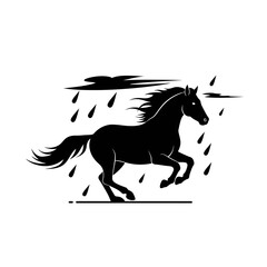Black Silhouette of a Running Horse in Rain
