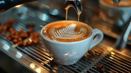 Espresso art being poured into a white cup, with scattered beans on a stainless steel coffee maker