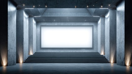 Empty concrete hall with stairs and blank screen.