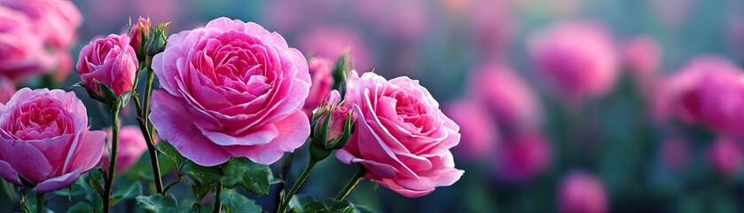 Obraz premium Centifolia rose with floral tempo concept. Beautiful pink roses blooming in a vibrant garden setting.