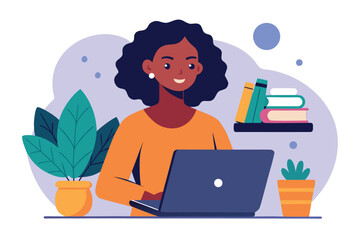 Black woman working on a laptop in a cozy study environment full of books and plants while engaged in her studies or remote work at a relaxed time of day