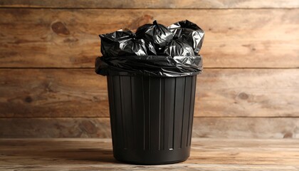Black trash can full of bags