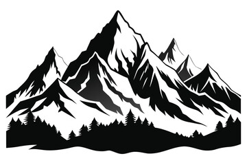 Fototapeta premium Detailed black and white mountain range wall art showcasing symbolic peaks and lush pine forests for a captivating atmosphere in any space