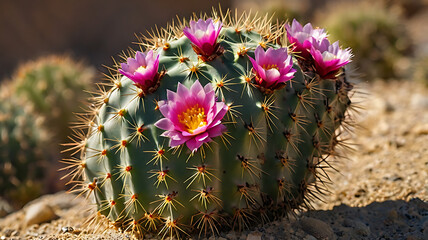 Prickly Pear Cactus with Bright Pink Blooms in the Desert