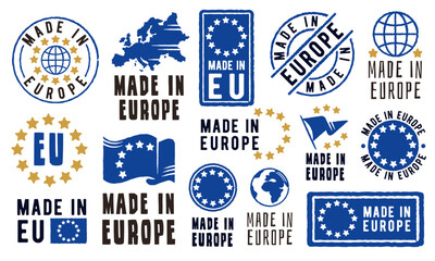 Fototapeta premium Made In Europe logos. Large set of Made In Europe symbols for product origin, quality certification, packaging or export label. Vector illustration.