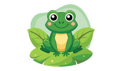 Obraz premium Cute cartoon green frog sitting on a lily pad with leaves