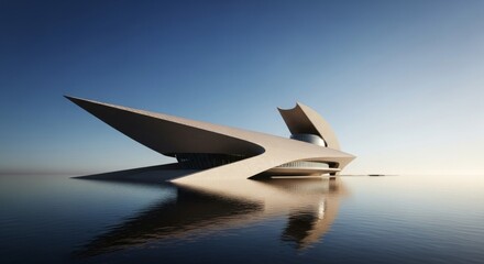 Modern architectural marvel reflecting in calm waters at sunset, showcasing innovative design and tranquility