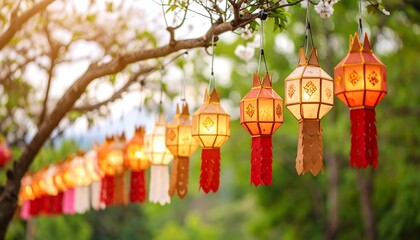 Illuminated lanterns adorning a tree during yi peng festival, Thailand celebration