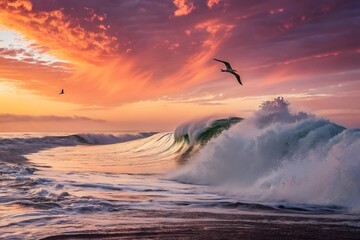 Fototapeta premium Majestic ocean wave crashing under a fiery sunset sky with a soaring bird