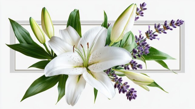 Delicate white lily and lavender blooms centered in soft gray border