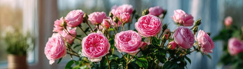 Obraz premium Centifolia rose with floral tempo concept. Beautiful pink roses in a vibrant indoor setting, showcasing elegance.