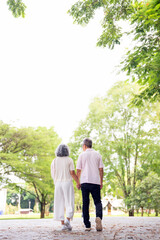 Married senior couple walking together on a sunny summer day. From behind an old man and woman i...