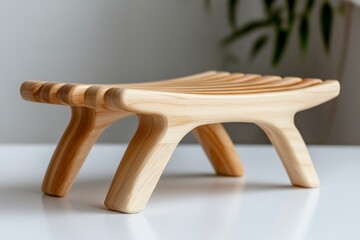 Elegant Wooden Stool with Curved Design and Slatted Top for Home Decor and Modern Minimalist Aesthetic
