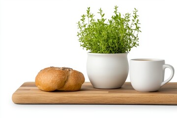 Fresh herbs in white pot with bread roll and coffee cup on wooden cutting board against a white background