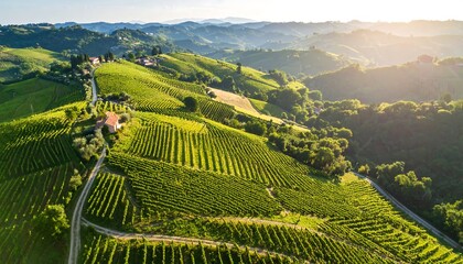 Fototapeta premium Lush vineyard landscape at sunrise