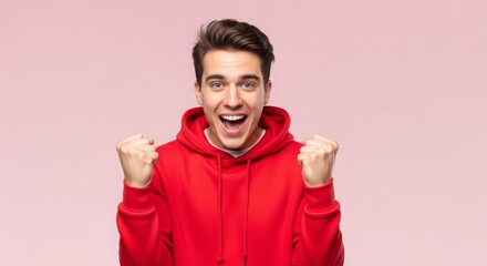 Fototapeta premium Young man in a red hoodie celebrating joyfully against a pink background, expressing excitement and happiness