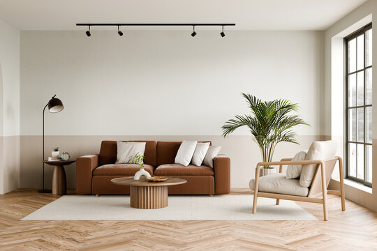 Stylish Modern Living Room with Natural Elements, a cozy couch, and a palm plant. 3d render.