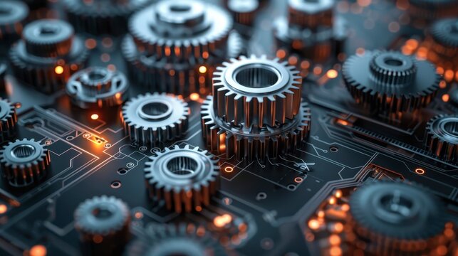Close-up of gears interconnected on a circuit board with orange light accents create a techy vibe - Powered by Adobe
