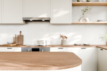 Modern kitchen features a wooden countertop, minimalistic design, and stylish decor elements. 3d render.