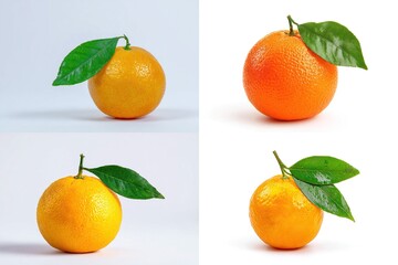 Four vibrant oranges, each with green leaves, on white backgrounds. Variations in light & color