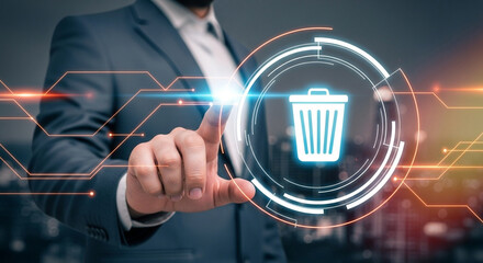 A businessman pointing at a digital trash can icon with glowing lines and blurred cityscape behind