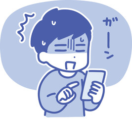 スマホを見てショックを受ける若い男性(上半身・線画)	