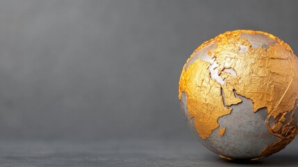 Metallic globe with golden continents and textured surface on dark background for travel and exploration themes