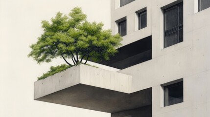 Balcony with a Small Tree on Modern Architectural Building in Urban Environment