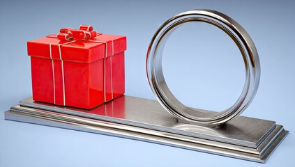 A metallic award or prize with a red gift box and a circular element.