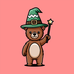 fun cute bear wizard with wand colored cartoon character isolated drawing line style sketch classic vintage design illustration
