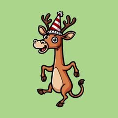funny dance deer with snow cap colored cartoon character isolated drawing line style sketch classic vintage design illustration