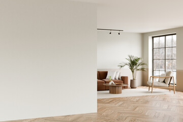 Cozy Modern Living Room with Brown sofa, Natural Elements, 3d render.