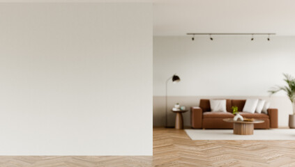 Modern Living Room with brown sofa Neutral Tones and Decor. 3d render.