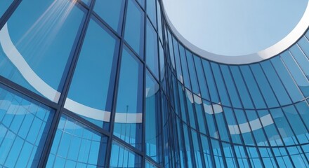 Modern glass building with curved architecture reflecting the sky and clouds in an urban setting