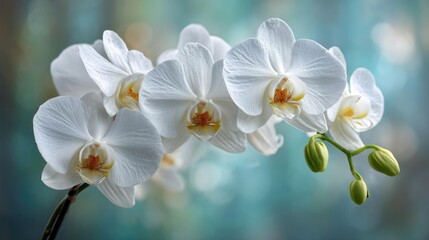 Obraz premium Fine orchid with floral echo concept. Delicate white orchids in soft focus, perfect for serene backgrounds.