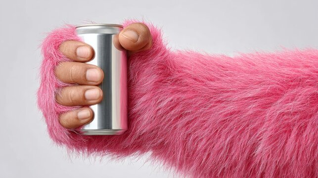 Person is holding a can of soda in their hand, with their arm wrapped around it. The image has a playful and lighthearted mood, as the person is wearing a pink furry costume