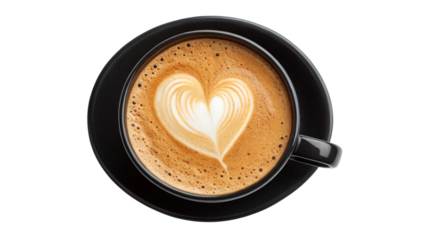 A top down view of a Black  cup filled with Cappuccino coffee, featuring a heart shape made from foam, isolated on a transparent background
