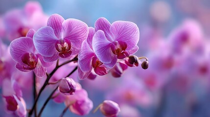 Naklejka premium Fine orchid with floral echo concept. Beautiful blooming orchids showcasing vibrant purple hues.