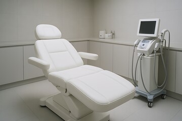 Contemporary aesthetic clinic treatment room featuring a stylish reclining chair and high tech skincare equipment for non invasive facial treatments beauty salon hair cutting background