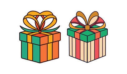 Obraz premium Two colorful hand drawn gift boxes with ribbon bows isolated on white background