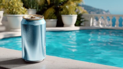 Can of soda is sitting on a ledge next to a pool. The can is cold and has condensation on it, indicating that it has been sitting in the sun. The pool is surrounded by potted plants