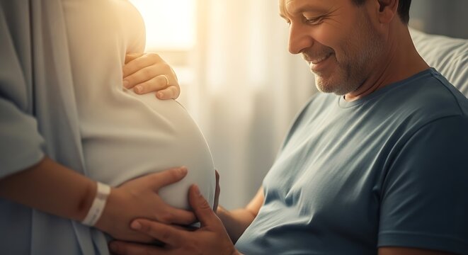 A loving couple embraces a pregnant woman's belly.