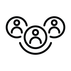 Three stylized people icons connected by a curved line representing teamwork