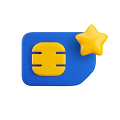 Vector cartoon 3d favorite Sim card icon. Minimal realistic 3d render blue mobile phone gsm SIM card with gold star sign. Communication technology illustration, gsm network eSIM, 4G, 5G concept.