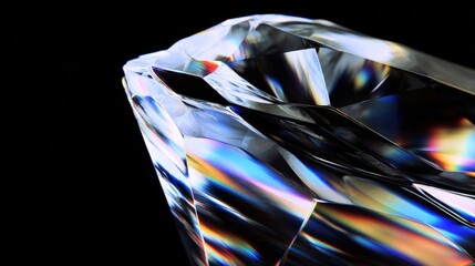 Close-up of a multifaceted crystal reflecting colorful light on a black background, showcasing its intricate geometry and vibrant spectrum.