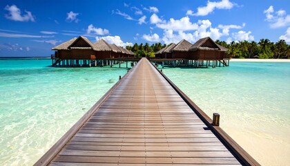 Overwater bungalows in turquoise ocean.