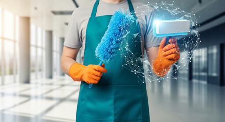 Person in apron holding duster and object with digital network overlay in bright modern space