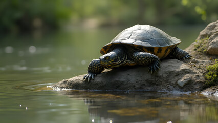 turtle basking on rock. tranquil river scene. ultra realistic nature photography. peaceful wildlife moments.